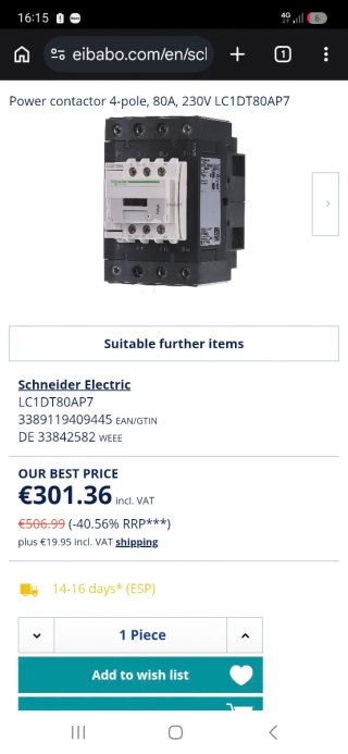 Contactor tetrapolar Schneider TeSys LC1DT80AP7