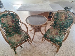 Conjunto jardín, mesa y 2 butacas, mimbre