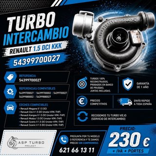 TURBO INTERCAMBIO RENAULT 1.5 DCI KKK 54399700027