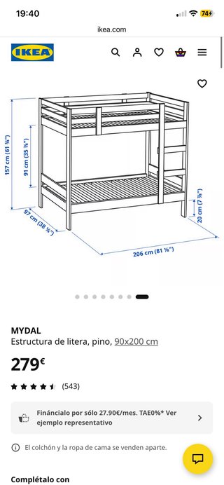 Litera IKEA MYDAL de madera 180x90 + 2 colchones