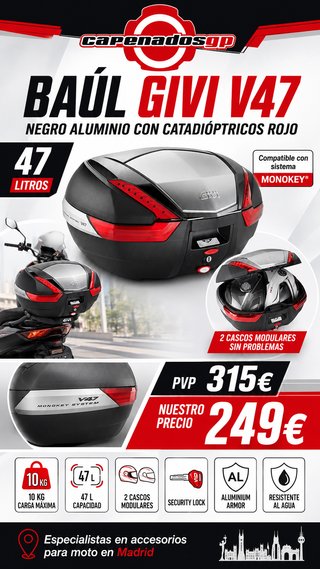 BAUL GIVI V47 TAPA ALUMINIO NEGRO ROJO OFERTA BAUL