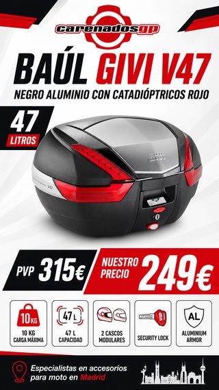 BAUL GIVI V47 TAPA ALUMINIO NEGRO ROJO OFERTA BAUL
