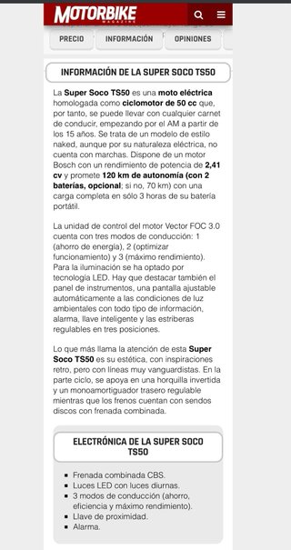 Moto Super Soco Electrica TS 50