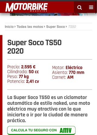 Moto Super Soco Electrica TS 50