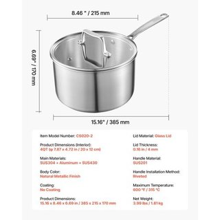 Casseruola da 3,8 litri, casseruola in acciaio ino