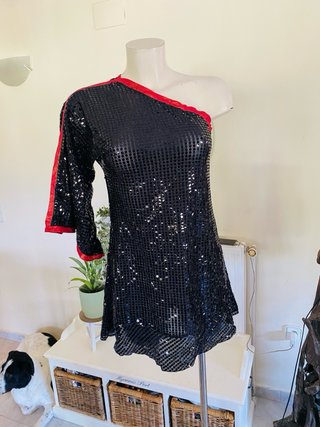 Vestido negro de lentejuelas un hombro talla S