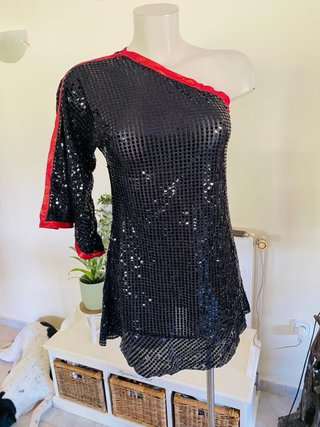 Vestido negro de lentejuelas un hombro talla S