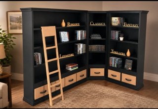 Libreria ad angolo con scala in miniatura