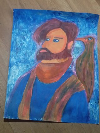 Pintura Acrílica Hombre y Pájaro