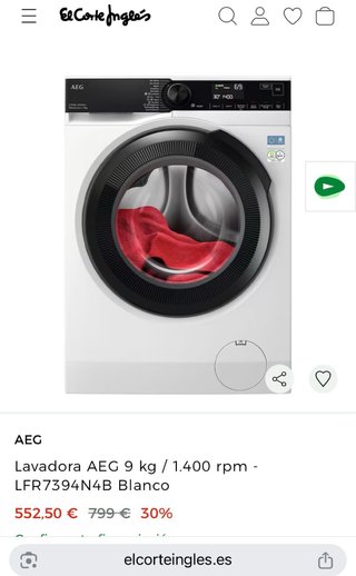 Lavadora AEG 9 kg / 1.400 rpm - LFR7394N4B Blanco