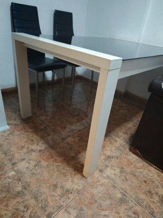 Mesa Comedor Cristal Negro y Madera Blanca