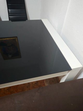 Mesa Comedor Cristal Negro y Madera Blanca