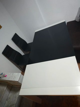 Mesa Comedor Cristal Negro y Madera Blanca