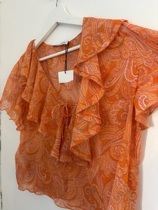 New!! Blusa Mango Naranja Estampada Volantes