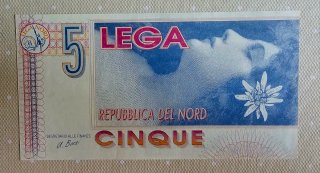 Banconote Lega Repubblica Nord 1 e 5 Lega