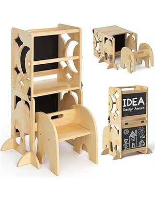 COSYLAND Torre de Aprendizaje Infantil 4 en 1 para Cocina con Barandilla de Seguridad - Diseño Plegable con Doble Pizarra - Conver