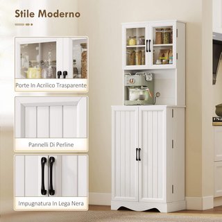 Credenza da Cucina Alta 180Cm, Mobile Dispensa Con 8 Ripiani Sulla Porta, Foro per Cavi, Porte in Acrilico, Ripiani Regolabili, Tavolo per Microonde, Stile Rustico, per Sala da Pranzo Soggiorno...