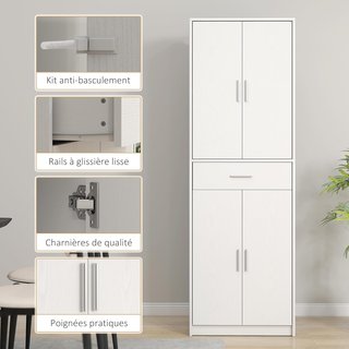 Armadio Cucina Stile Moderno con Porte e Ripiani Regolabili e Cassetto, Mobile per Cucina, Sala da Pranzo, 60 X 35 X 180 Cm, Bianco