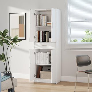 Armadio Cucina Stile Moderno con Porte e Ripiani Regolabili e Cassetto, Mobile per Cucina, Sala da Pranzo, 60 X 35 X 180 Cm, Bianco