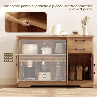 Credenza da Cucina, Mobile con 2 Cassetti, 2 Armadietti, Credenza Buffet con Porte Chiusura Morbida, Ripiani Regolabili, per Soggiorno, 120X38X79 Cm, Rovere