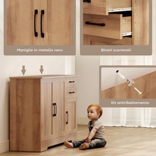 Credenza da Cucina, Mobile con 2 Cassetti, 2 Armadietti, Credenza Buffet con Porte Chiusura Morbida, Ripiani Regolabili, per Soggiorno, 120X38X79 Cm, Rovere