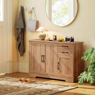 Credenza da Cucina, Mobile con 2 Cassetti, 2 Armadietti, Credenza Buffet con Porte Chiusura Morbida, Ripiani Regolabili, per Soggiorno, 120X38X79 Cm, Rovere