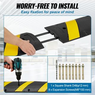 2PCs Topes de Velocidad de Caucho 183 x 30 x 4.5 cm, 2 Canales, Capacidad de 100000 kg, Tope de Velocidad de Tráfico de Alta Resistencia, con Banda Reflectante Amarilla, 8 Tornillos de Expansión y...