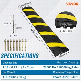 2PCs Topes de Velocidad de Caucho 183 x 30 x 4.5 cm, 2 Canales, Capacidad de 100000 kg, Tope de Velocidad de Tráfico de Alta Resistencia, con Banda Reflectante Amarilla, 8 Tornillos de Expansión y...