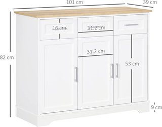 Credenza Moderna da Cucina con 3 Cassetti e 3 Ante in MDF, Mobile Multiuso con Ripiano Regolabile per Cucina e Soggiorno, 101x39x82 cm, Bianco