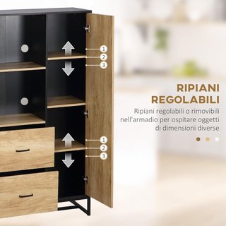 Credenza de Cocina Moderna Con 2 Cajones, 2 Estantes Y Un Armario Con 4 Compartimentos, Mueble Buffet Estilo Industrial Con Base de Acero, 88X35X160 Cm, Negro Y Madera