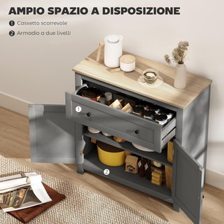 Credenza da soggiorno con cassetto e armadio con ripiano regolabile su 3 livelli, mobile soggiorno con superficie in rovere, per ingresso, cucina e sala da pranzo, 78,5X35X80 cm, grigio