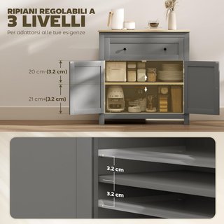 Credenza da soggiorno con cassetto e armadio con ripiano regolabile su 3 livelli, mobile soggiorno con superficie in rovere, per ingresso, cucina e sala da pranzo, 78,5X35X80 cm, grigio