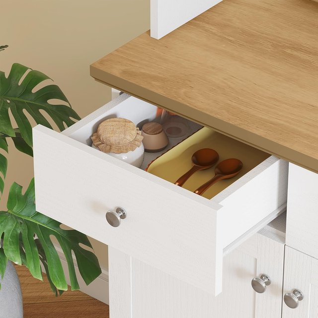 Credenza de Cocina Con 3 Estantes Abiertos, 3 Cajones Y 2 Armarios, Mueble Despensa Estrecho de Madera, para Sala de Estar, Comedor, 101X39X180.5 Cm, Blanco
