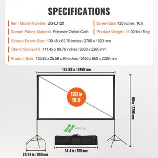 Pantalla de Proyector con Soporte, Pantalla de Película Exterior de 120 pulgadas 16:9 4K 1080 HD con Soporte, Pantalla de Proyección Sin Arrugas con Trípodes y Bolsa de Transporte, para Cine en Ca...
