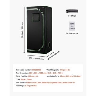 Grow Box Indoor, 80 x 80 x 180 cm, 600D ad Alta Ri