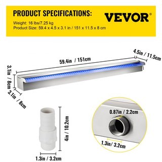 Desagüe de Cascada para Piscina 151x11.5x8 cm Fuente de Piscina de Acero Inoxidable con Tira LED Colorida, Conector de Manguera, Control Remoto, Resistente a la Corrosión para Estanque, Jardín Ext...