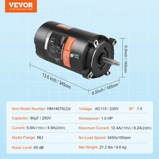 Motor de Bomba de Piscina de 1 HP, Marco 56J, 115V(9.8 Amperios)/230V(4.9 Amperios) 3450 RPM, 60Hz, Factor de Servicio 1.4, Condensador 90μF/250V, Motor de Reemplazo de Flange Redonda de Rotación CCW