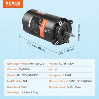 Motor de Bomba de Piscina de 0.75 HP, Marco 56J, 115V(8 Amperios)/230V(4 Amperios) 3450 RPM, 60Hz, Factor de Servicio 1.5, Condensador 80μF/250V, Motor de Reemplazo de Flange Redonda de Rotación CCW