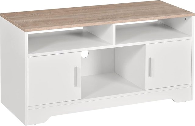Mueble TV Con 3 Compartimentos Abiertos, 2 Armarios Y Superficie, Mueble para TV Hasta 50" en Aglomerado, 105X40X52Cm, Blanco Y Madera