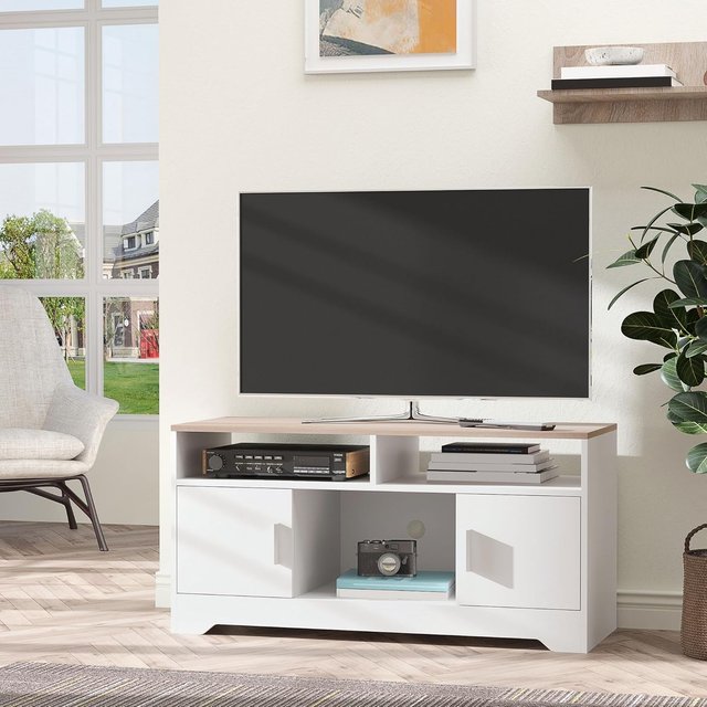 Mueble TV Con 3 Compartimentos Abiertos, 2 Armarios Y Superficie, Mueble para TV Hasta 50" en Aglomerado, 105X40X52Cm, Blanco Y Madera