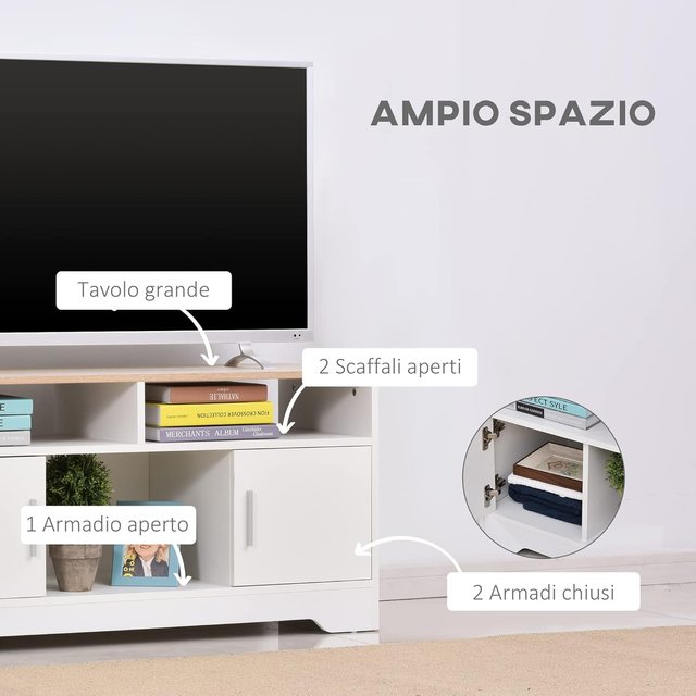 Mueble TV Con 3 Compartimentos Abiertos, 2 Armarios Y Superficie, Mueble para TV Hasta 50" en Aglomerado, 105X40X52Cm, Blanco Y Madera