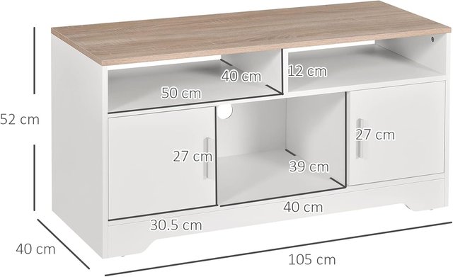 Mueble TV Con 3 Compartimentos Abiertos, 2 Armarios Y Superficie, Mueble para TV Hasta 50" en Aglomerado, 105X40X52Cm, Blanco Y Madera