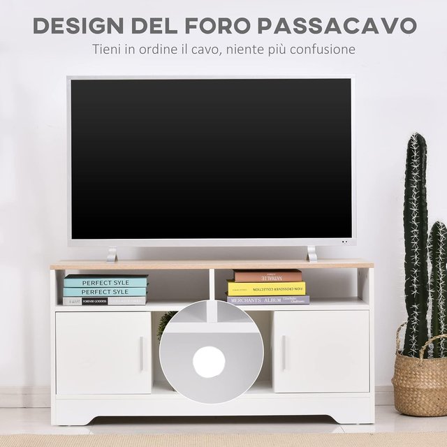 Mueble TV Con 3 Compartimentos Abiertos, 2 Armarios Y Superficie, Mueble para TV Hasta 50" en Aglomerado, 105X40X52Cm, Blanco Y Madera