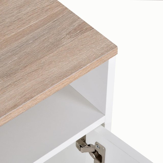 Mueble TV Con 3 Compartimentos Abiertos, 2 Armarios Y Superficie, Mueble para TV Hasta 50" en Aglomerado, 105X40X52Cm, Blanco Y Madera