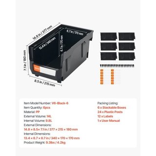 Contenitori impilabili in plastica, 37,7 x 21,5 x