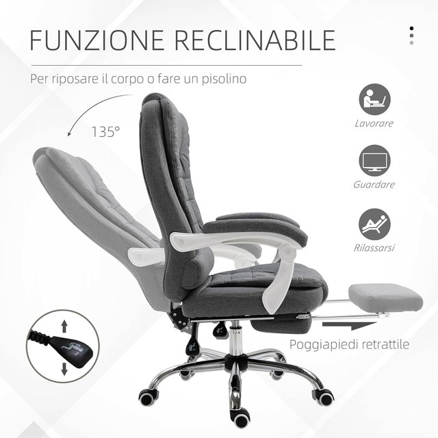 Silla De Oficina Ergonómica Reclinable Con Reposapiés Retráctil, Sillón De Oficina Giratorio Con Altura Ajustable, Respaldo Alto Y Apoyabrazos, En Tela, Gris