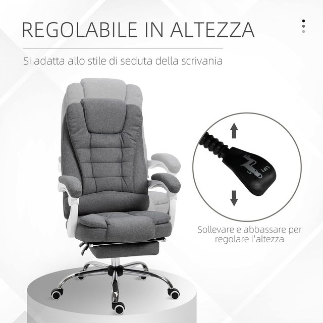 Silla De Oficina Ergonómica Reclinable Con Reposapiés Retráctil, Sillón De Oficina Giratorio Con Altura Ajustable, Respaldo Alto Y Apoyabrazos, En Tela, Gris