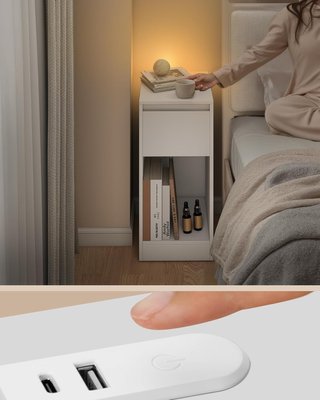 Juego de 2 Mesitas de Noche Estrechas, Mesas, Con Iluminación LED, 1 Puerto USB-A, 1 Puerto USB-C, Cajón y Compartimento Abierto, para Dormitorio, Sala de Estar, Blanco Nube LET710W01