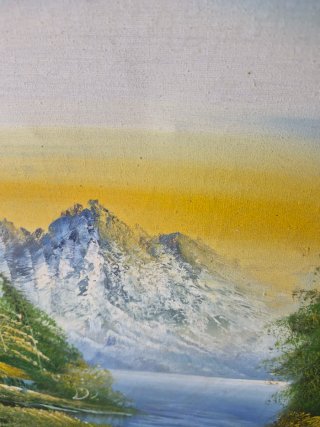 Cuadro paisaje con cascada y montaña pintado a ma