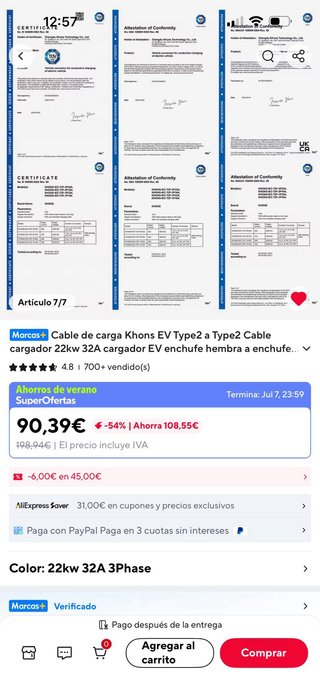 Cargador KHONS 22KW 3 Fase 32A Cable 5m